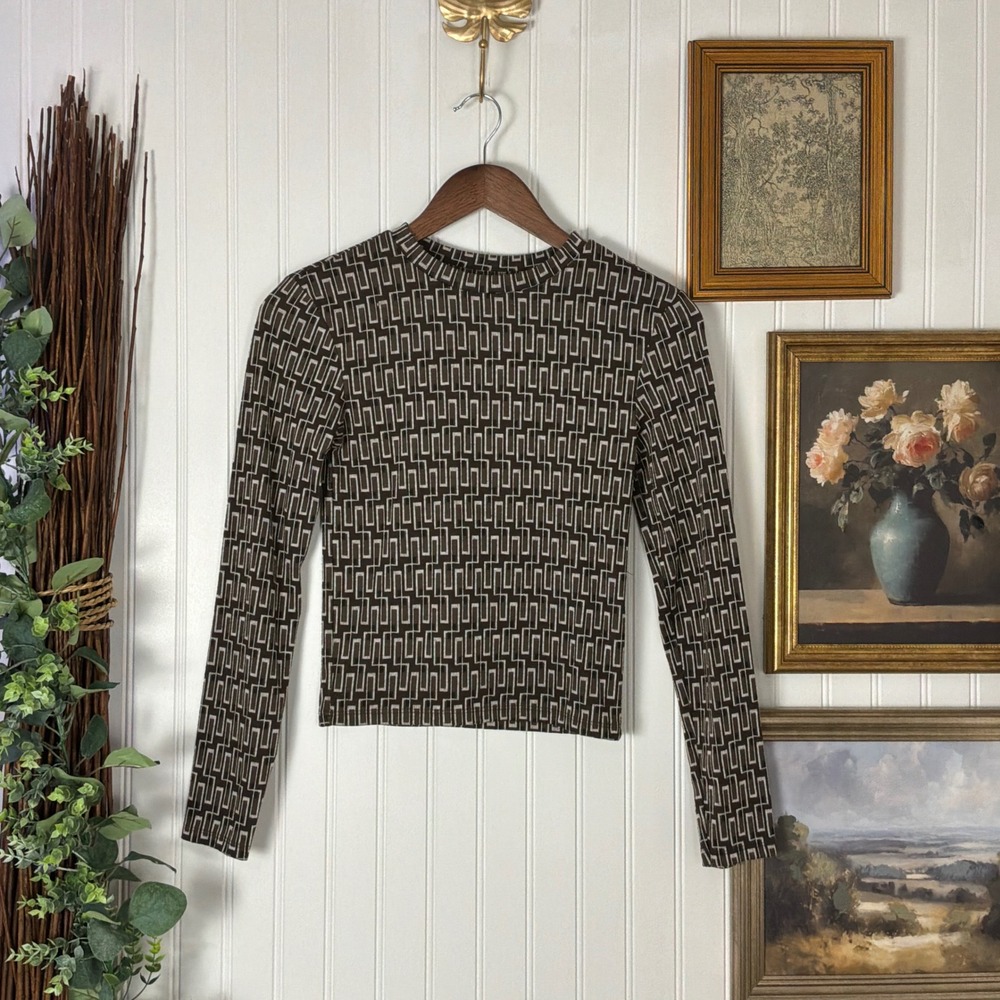 Zara Geometric Long Sleeve Top Womens Small Brown Excellent Ribbed Knit